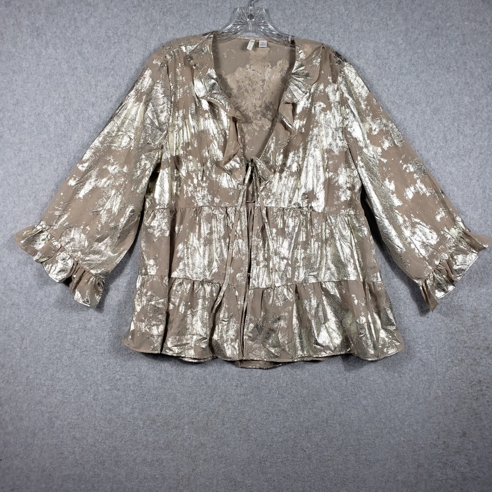 Cato Womens XL Metallic Gold Foil Tiered Ruffle Babydoll Top Blouse Statement
